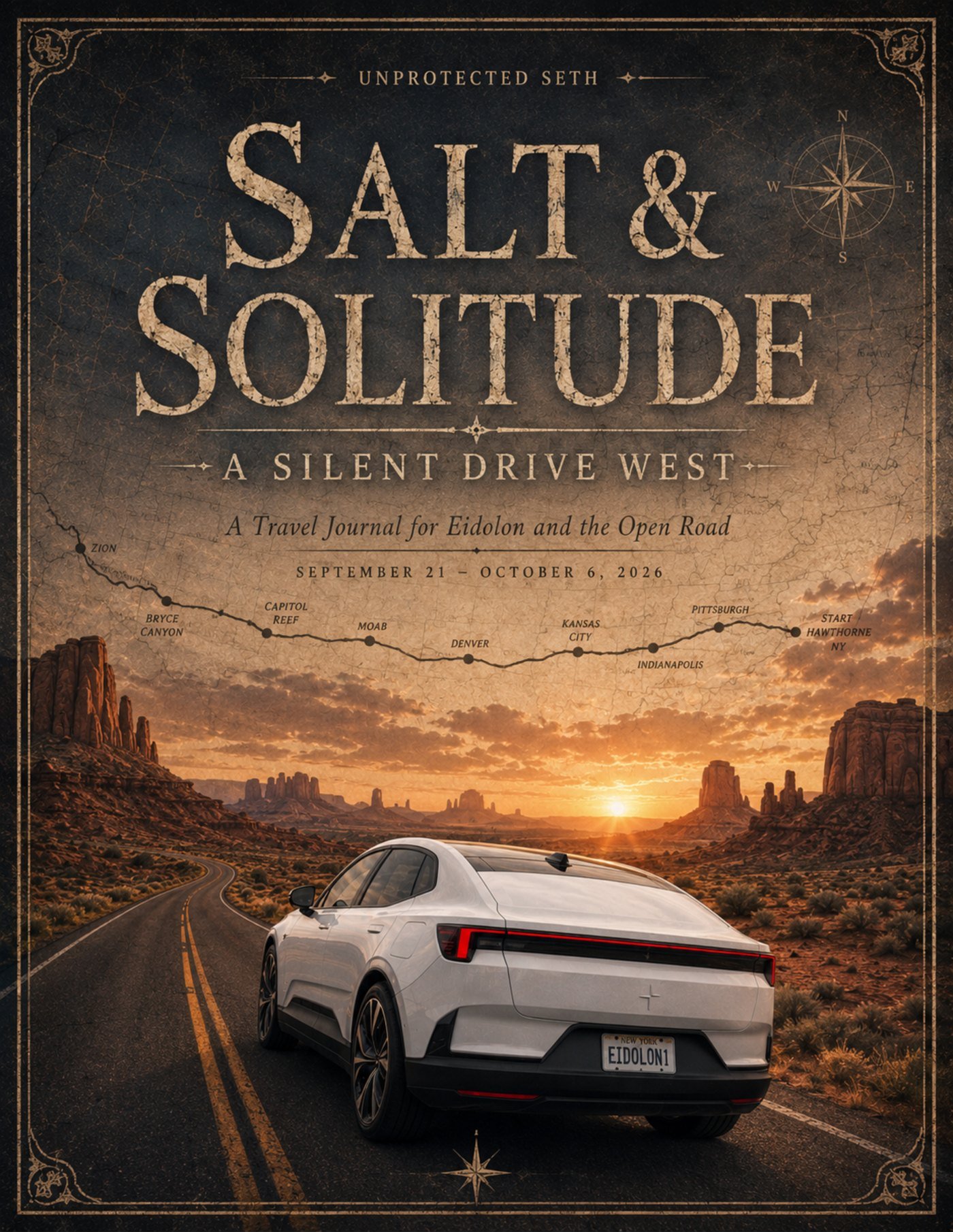 Cover art: a white Polestar 4 on a desert highway at sunset beneath an old map of the route west, titled Salt and Solitude, A Silent Drive West.